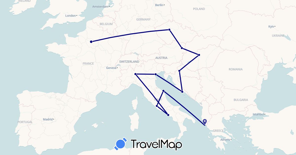 TravelMap itinerary: driving in Austria, Czech Republic, France, Greece, Croatia, Hungary, Italy (Europe)